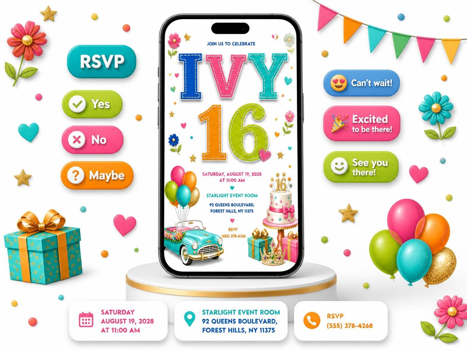 The Turquoise Convertible 16th Birthday Invitation invitation on a phone, with guest RSVPs arriving around it