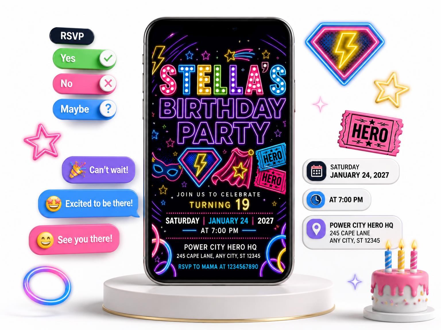 The Neon Superhero 19th Birthday Invitation invitation on a phone, with guest RSVPs arriving around it