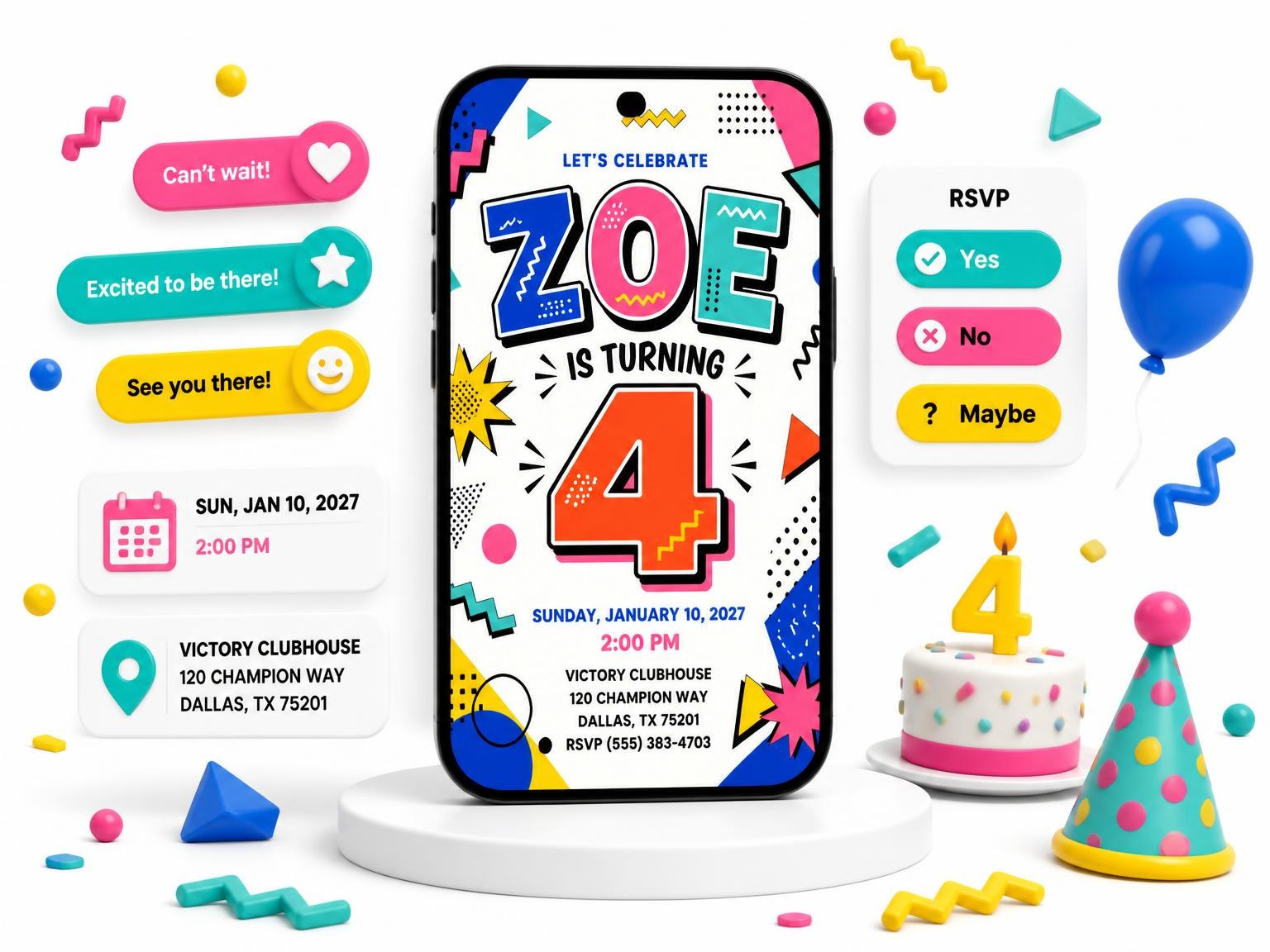 The Memphis Pop 4th Birthday Invitation invitation on a phone, with guest RSVPs arriving around it