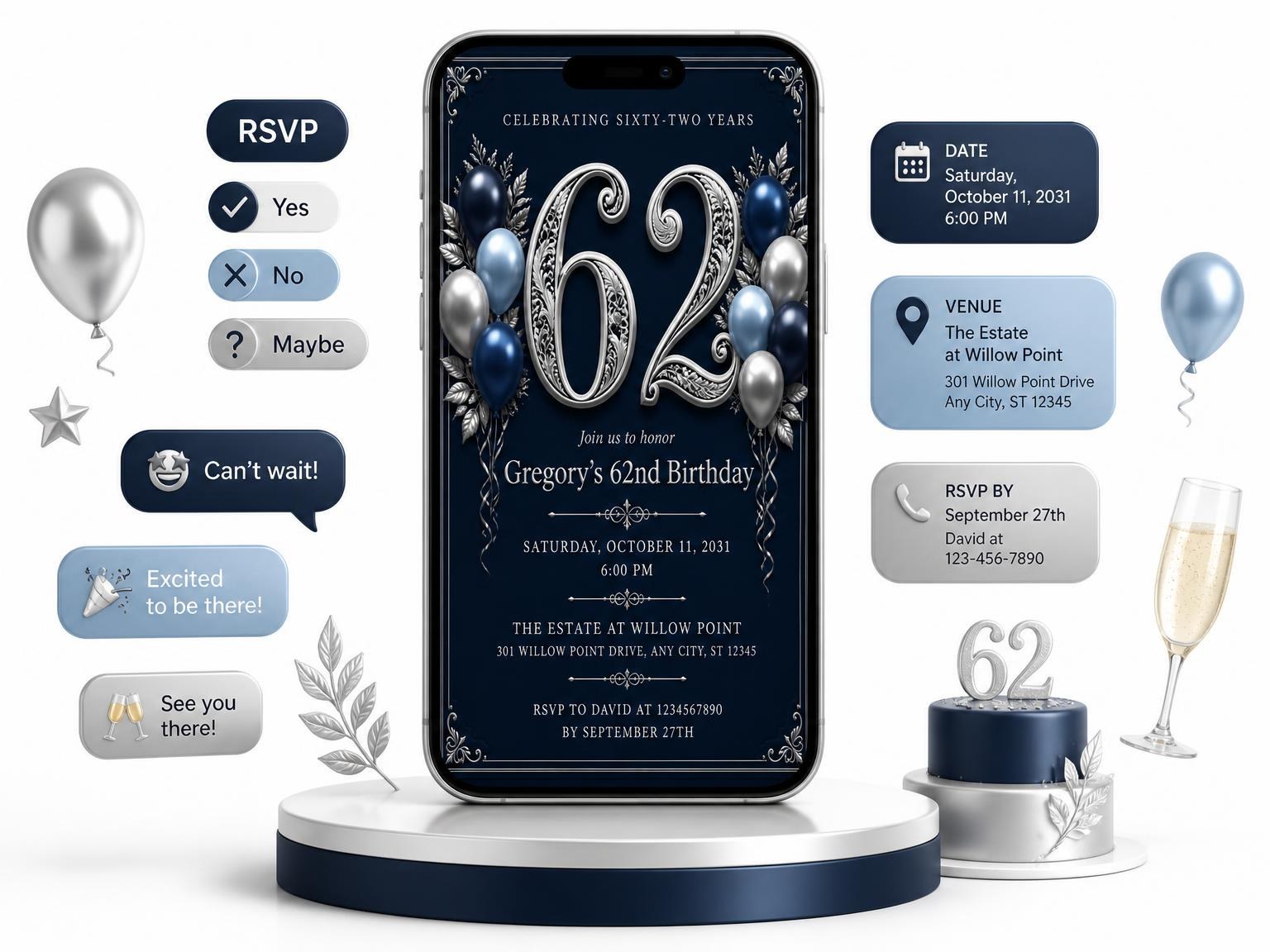 The Navy and Silver 62nd Birthday Invitation invitation on a phone, with guest RSVPs arriving around it