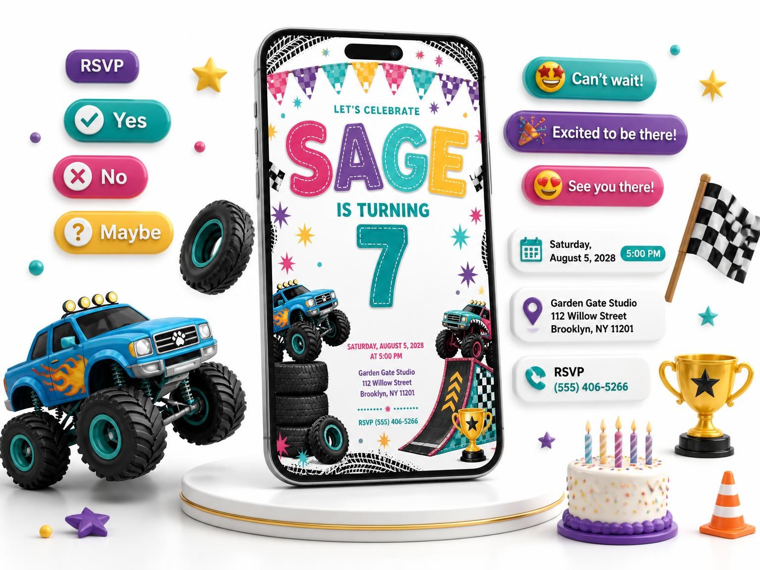 The Stitched Monster Truck 7th Birthday Invitation invitation on a phone, with guest RSVPs arriving around it