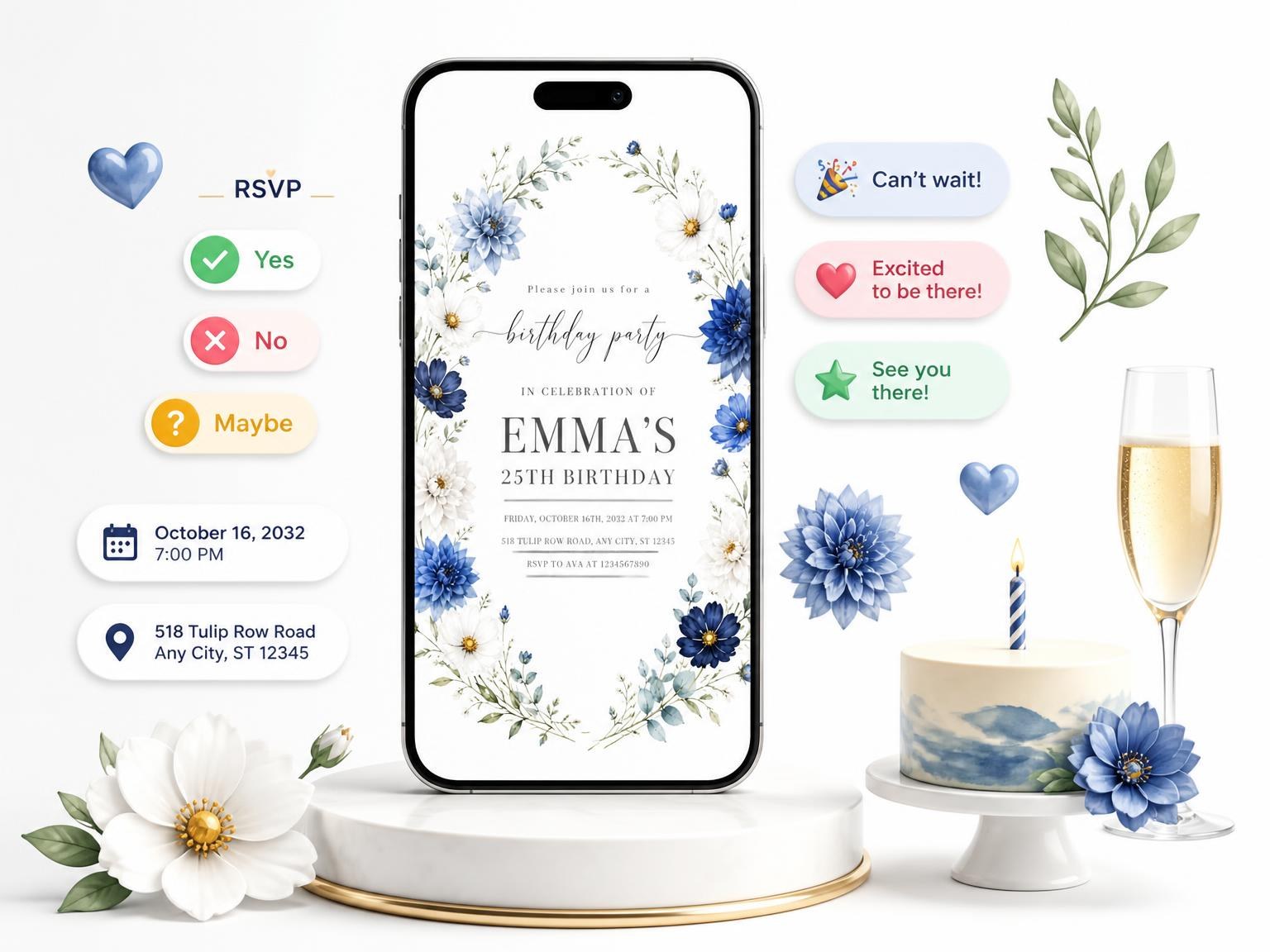 The Floral Wreath Dusty Blue 25th Birthday Invitation invitation on a phone, with guest RSVPs arriving around it