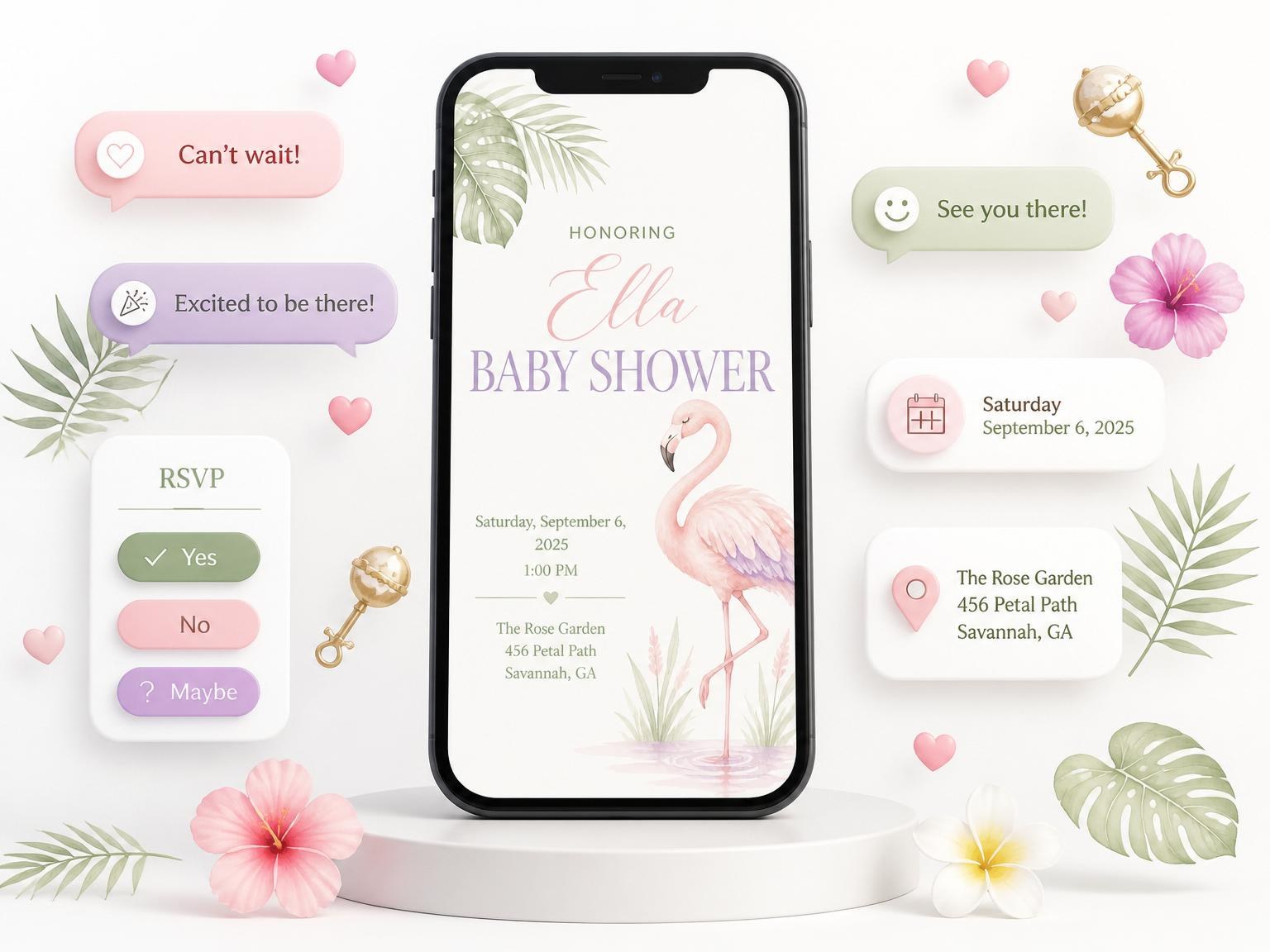 The Blush Flamingo Tropical Baby Shower invitation on a phone, with guest RSVPs arriving around it