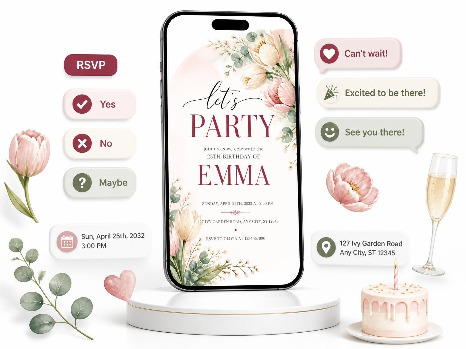 The Eucalyptus Bouquet Ivory 25th Birthday Invitation invitation on a phone, with guest RSVPs arriving around it