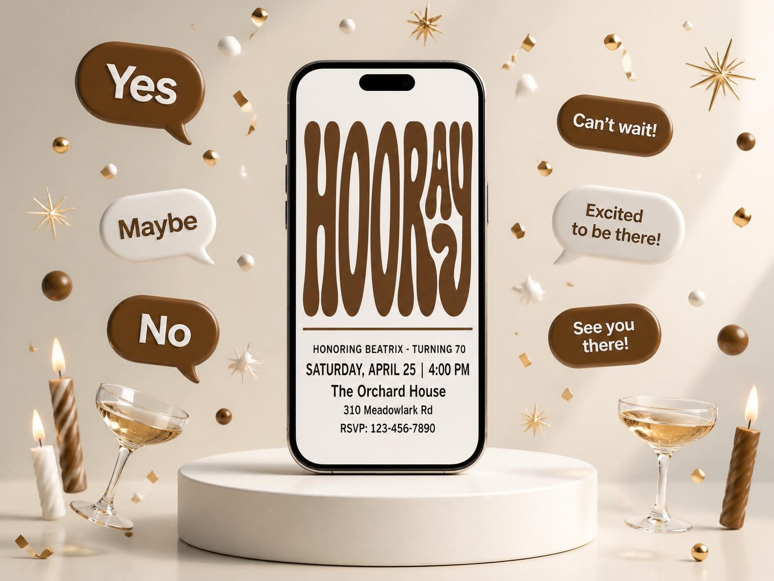 The Brown Groovy Typography 70th Birthday invitation on a phone, with guest RSVPs arriving around it