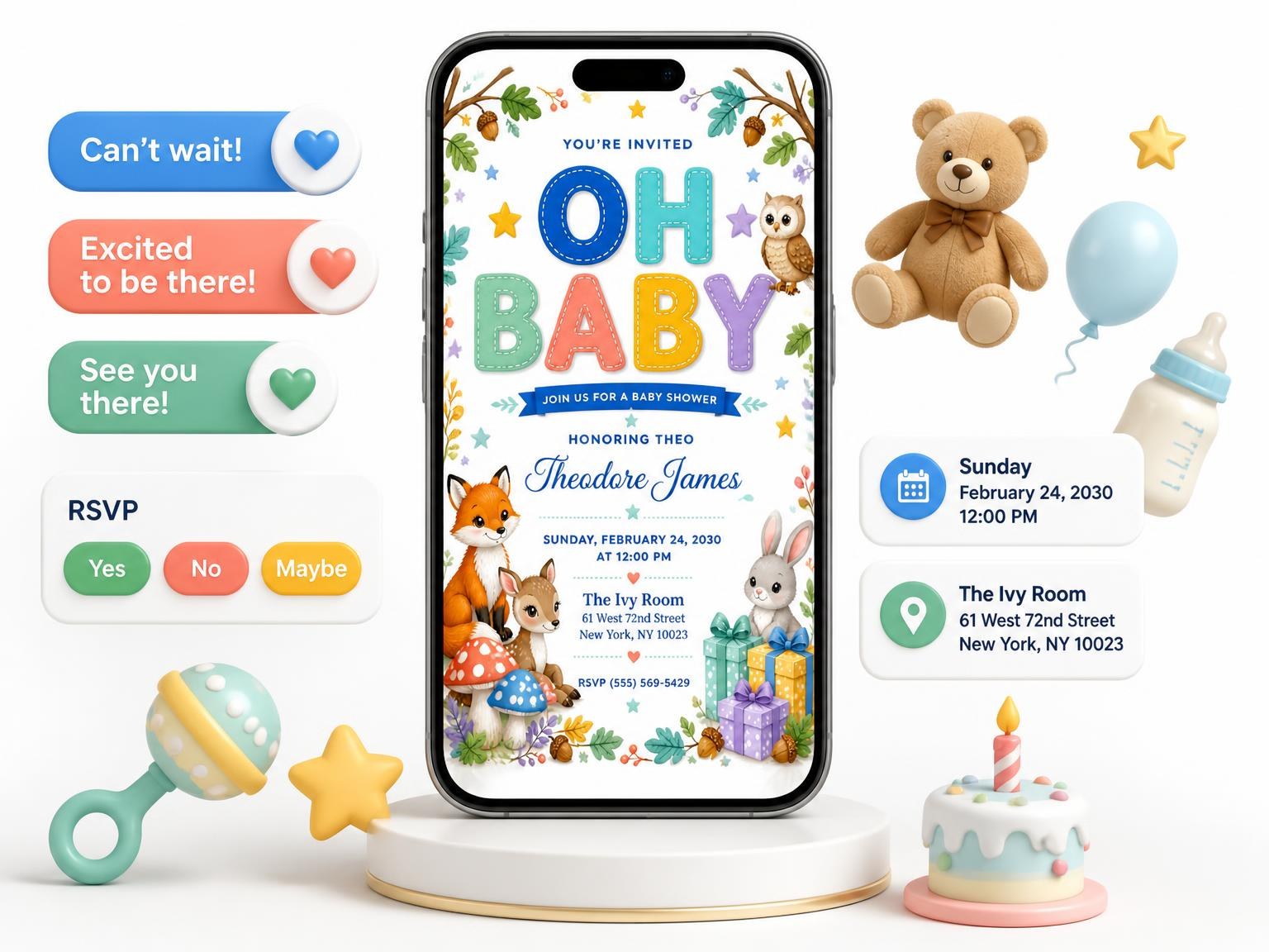 The Arch Branches Baby Shower Invitation invitation on a phone, with guest RSVPs arriving around it