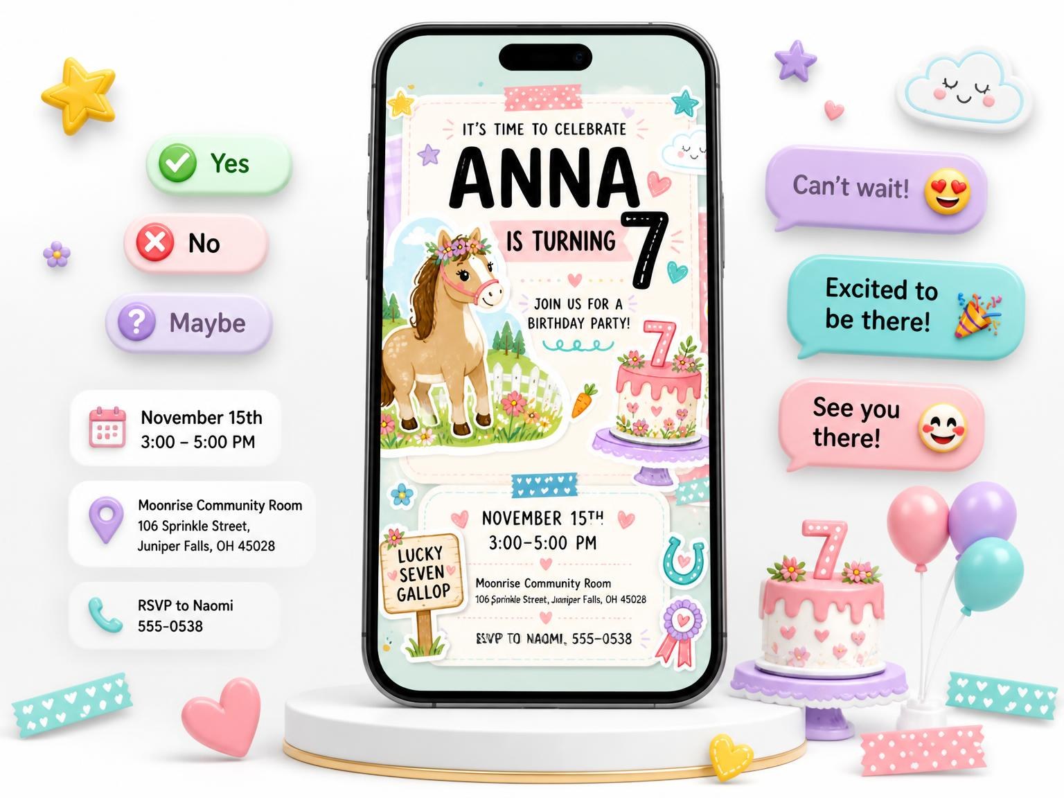 The Pony Pastel Scrapbook 7th Birthday Invitation invitation on a phone, with guest RSVPs arriving around it