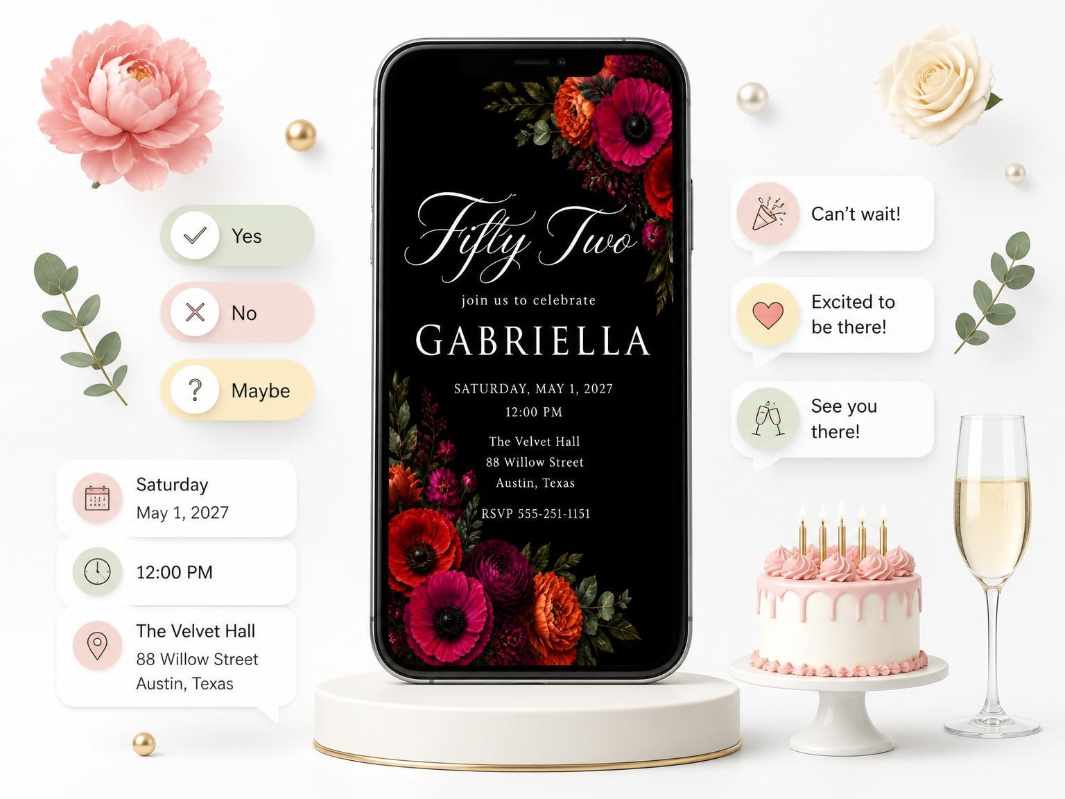 The Black Floral 52nd Birthday Invitation invitation on a phone, with guest RSVPs arriving around it