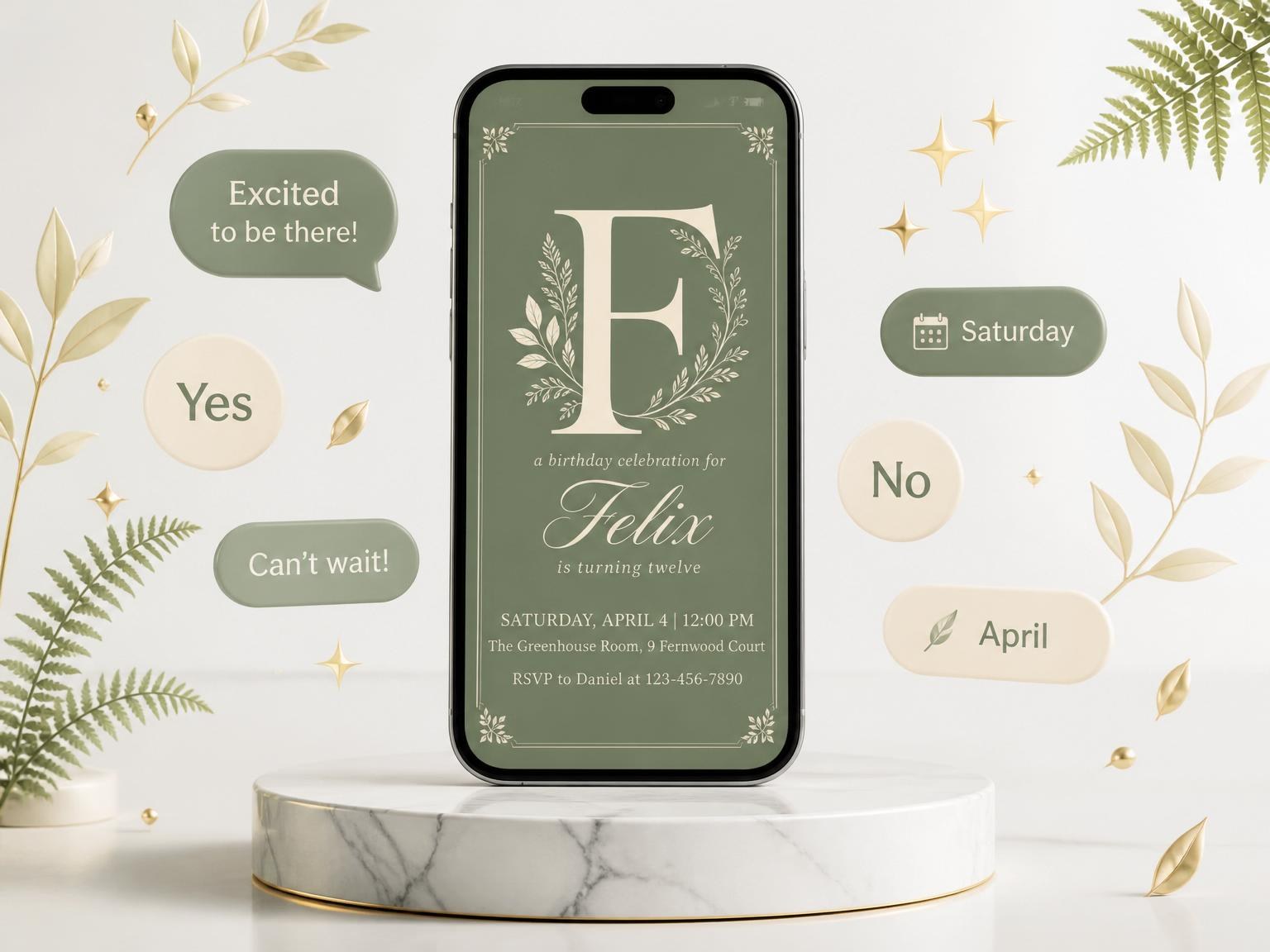 The Sage Green Monogram Botanical 12th Birthday invitation on a phone, with guest RSVPs arriving around it