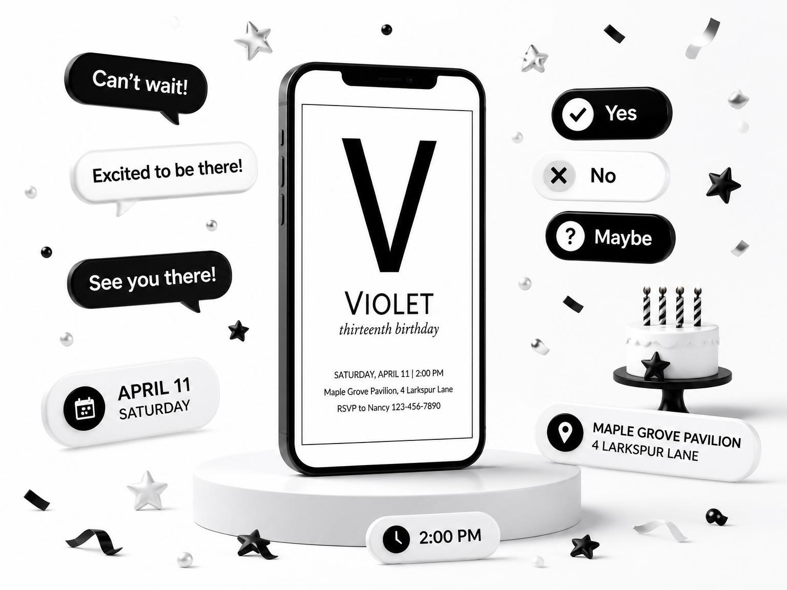 The Black Monogram V Birthday invitation on a phone, with guest RSVPs arriving around it