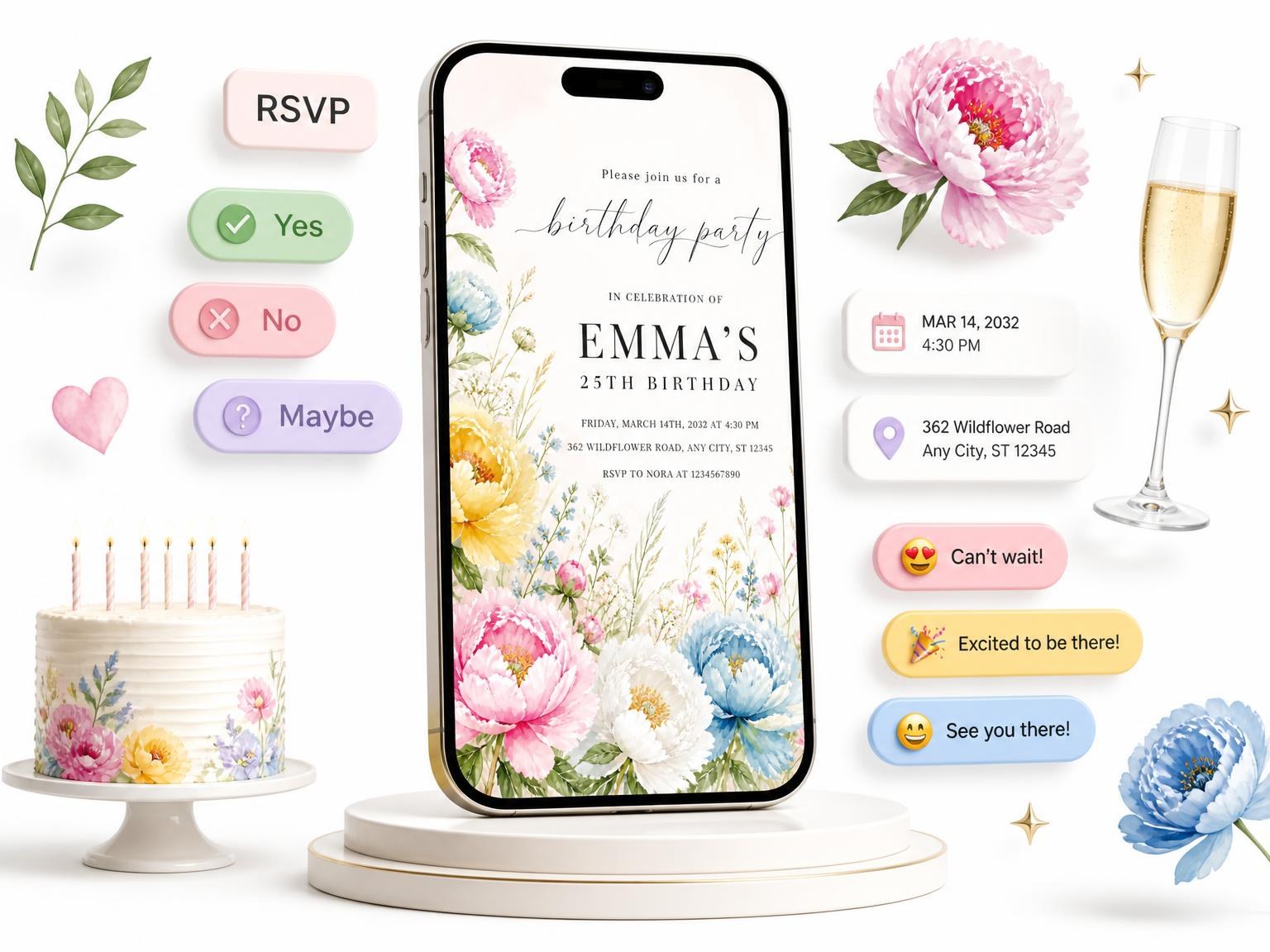 The Spring Floral Garden 25th Birthday Invitation invitation on a phone, with guest RSVPs arriving around it