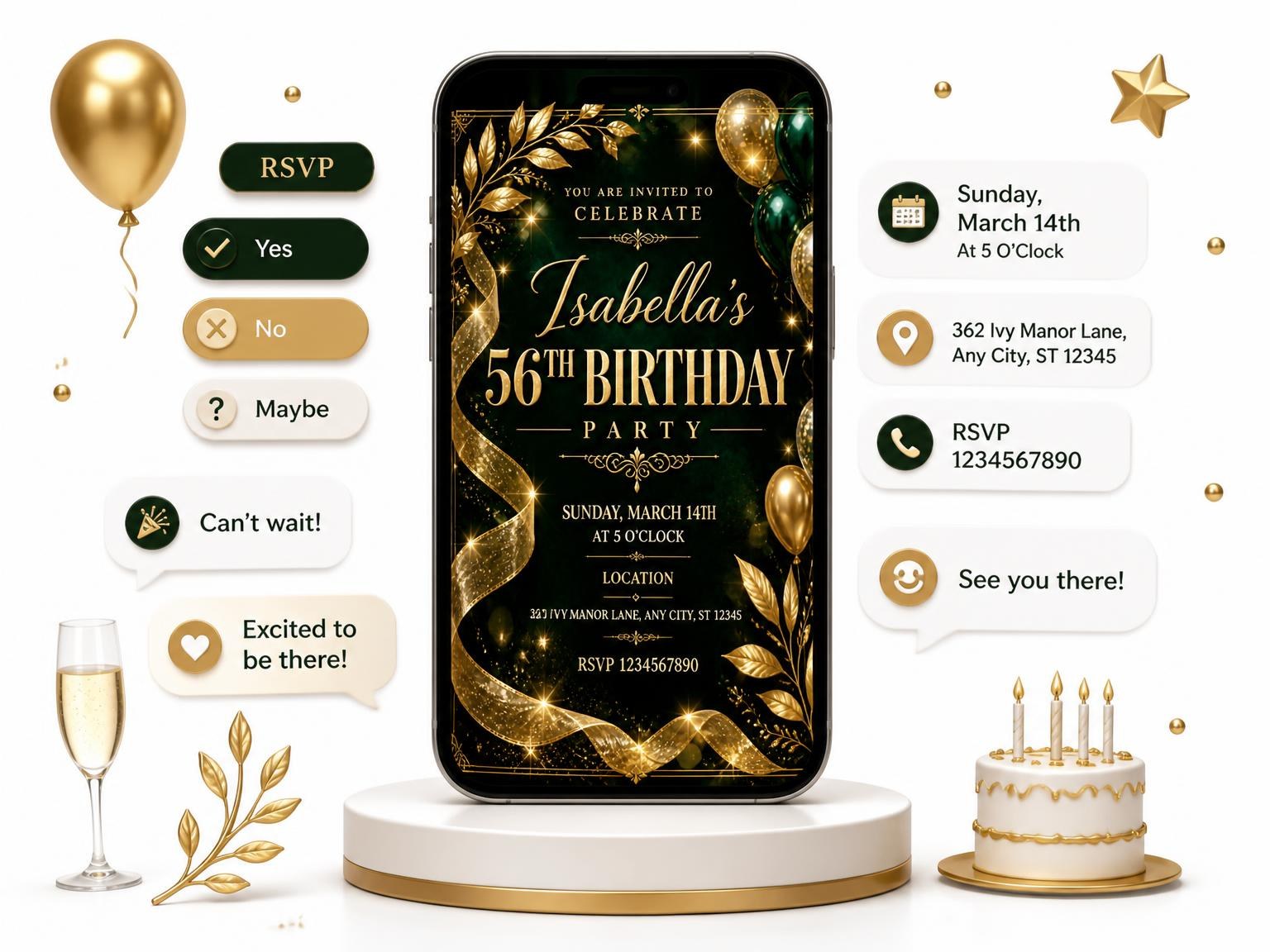 The Emerald and Champagne 56th Birthday Invitation invitation on a phone, with guest RSVPs arriving around it