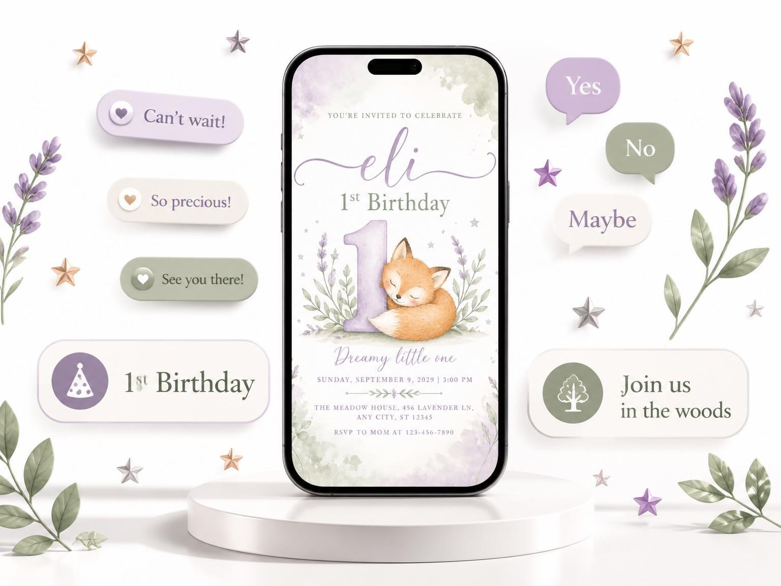 The Watercolor Sleeping Fox First Birthday invitation on a phone, with guest RSVPs arriving around it