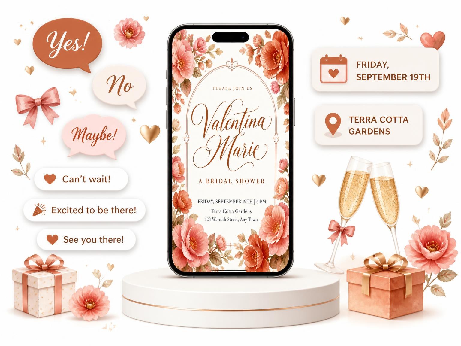 The Terracotta Watercolor Floral Bridal Shower invitation on a phone, with guest RSVPs arriving around it