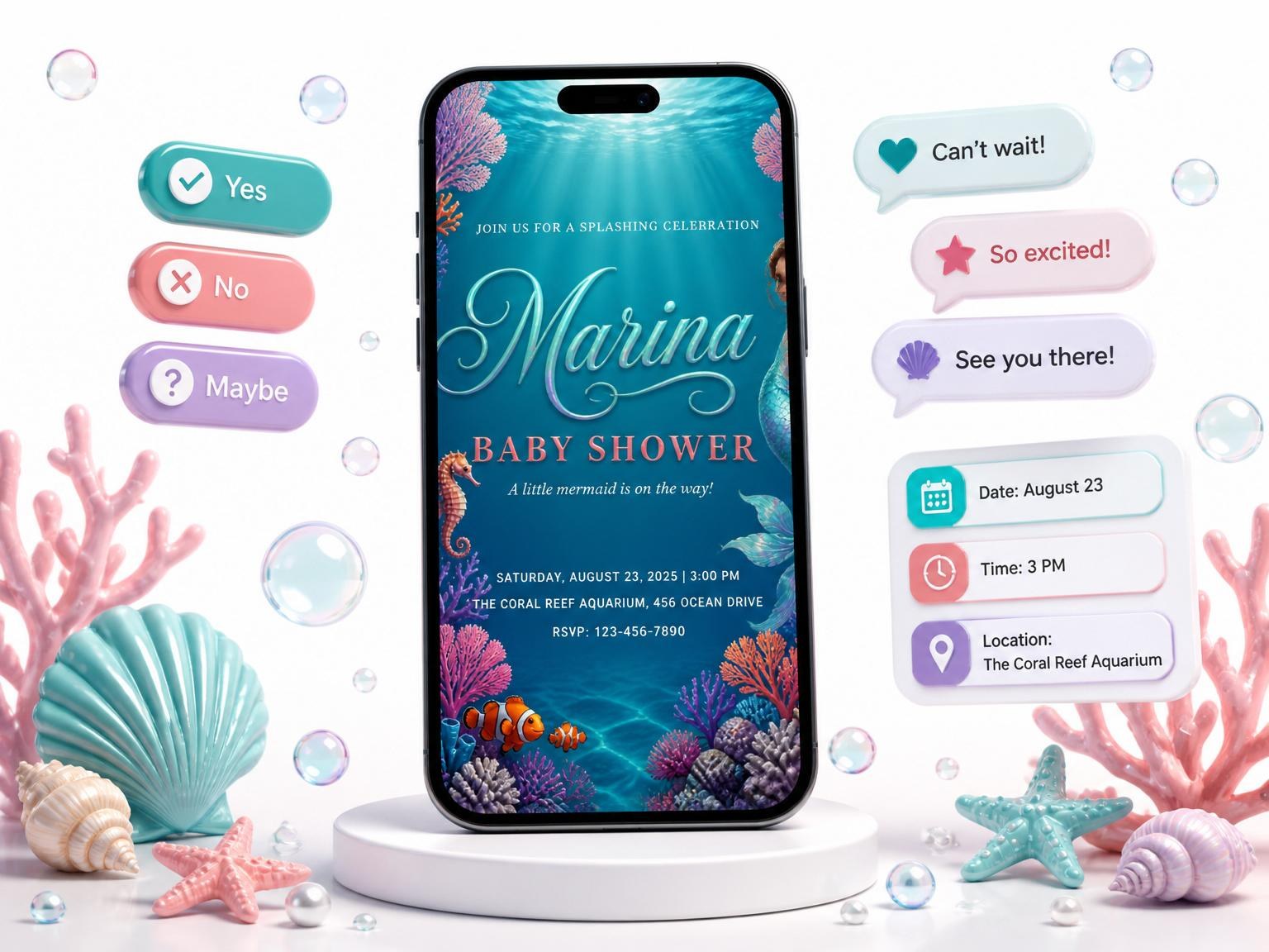 The Deep Sea Mermaid Baby Shower invitation on a phone, with guest RSVPs arriving around it