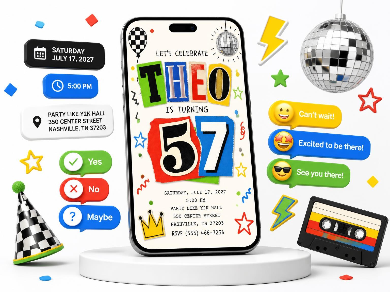 The Retro Paper Collage 57th Birthday Invitation invitation on a phone, with guest RSVPs arriving around it
