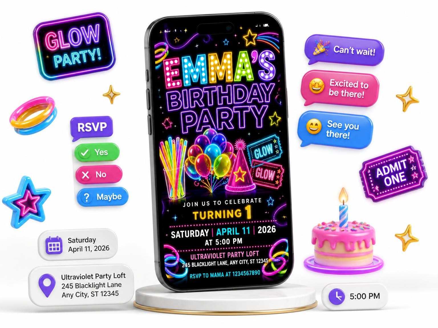 The Neon Glow Party 1st Birthday Invitation invitation on a phone, with guest RSVPs arriving around it
