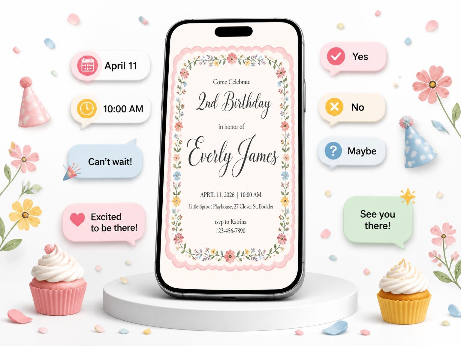 The Pink Scalloped Wildflower 2nd Birthday Invitation invitation on a phone, with guest RSVPs arriving around it