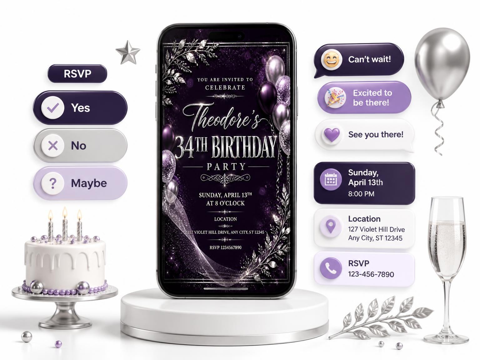The Plum and Silver 34th Birthday Invitation invitation on a phone, with guest RSVPs arriving around it