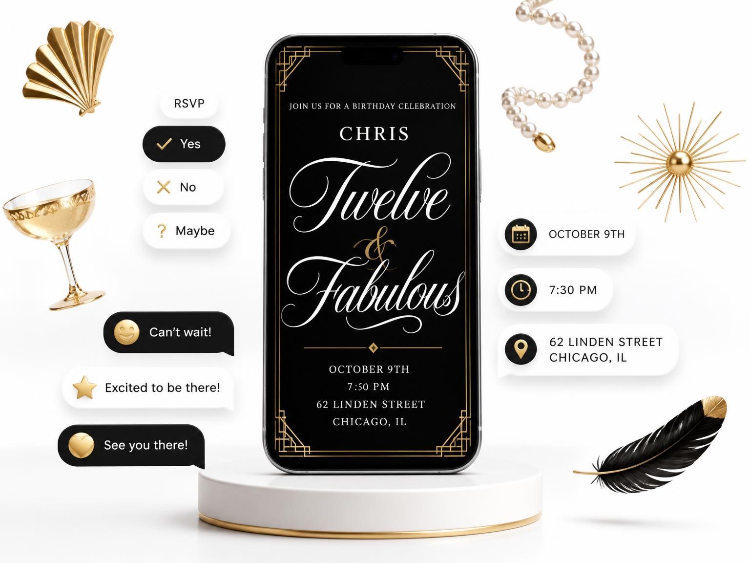 The Art Deco 12th Birthday Invitation invitation on a phone, with guest RSVPs arriving around it