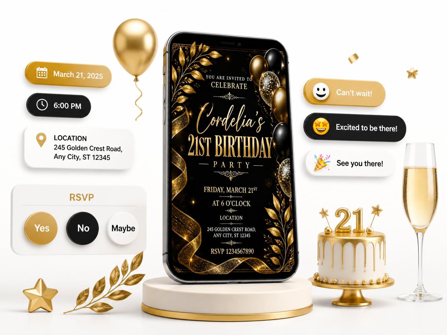 The Black and Gold 21st Birthday Invitation invitation on a phone, with guest RSVPs arriving around it
