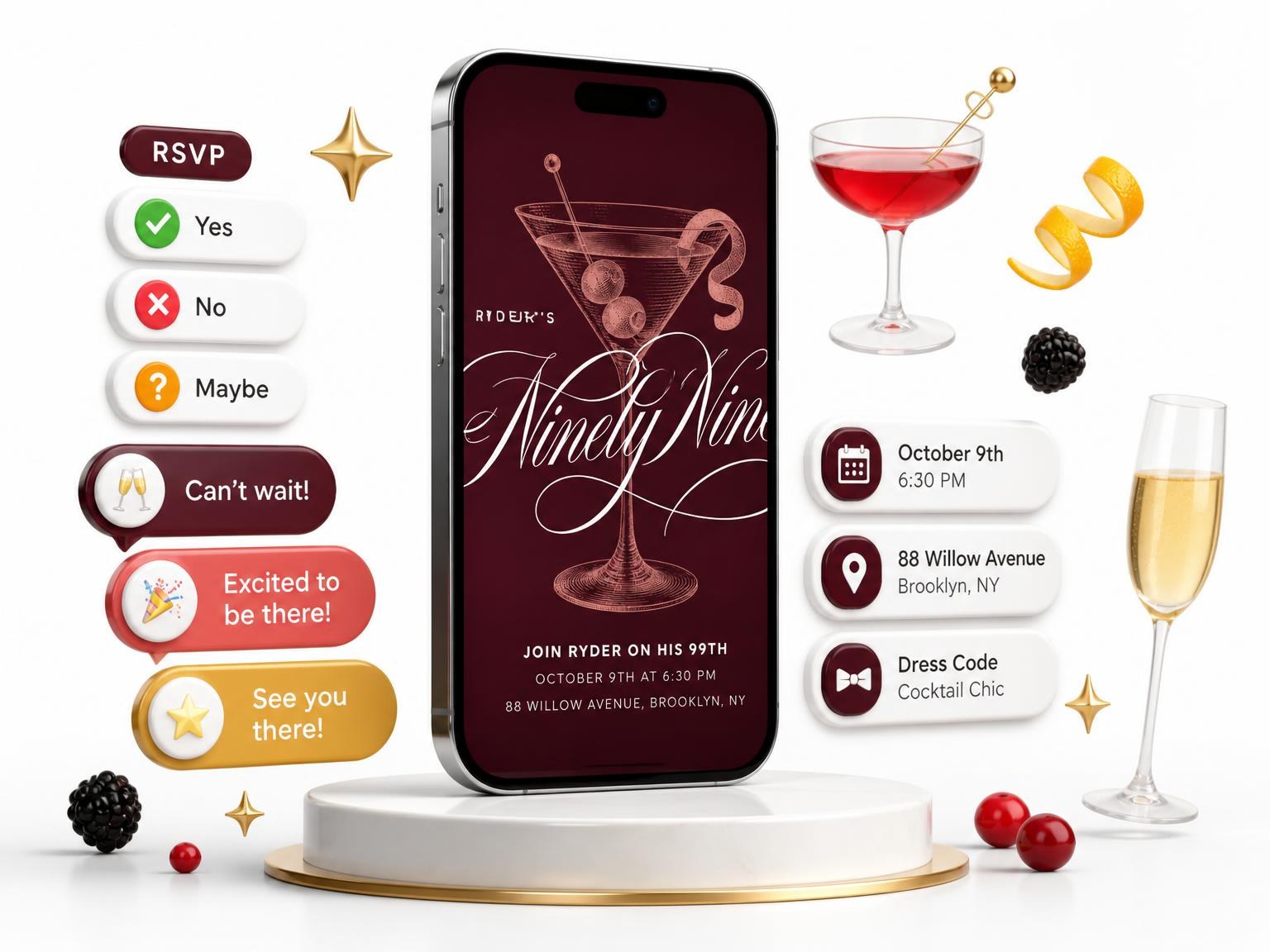 The Burgundy Cocktail 99th Birthday Invitation invitation on a phone, with guest RSVPs arriving around it