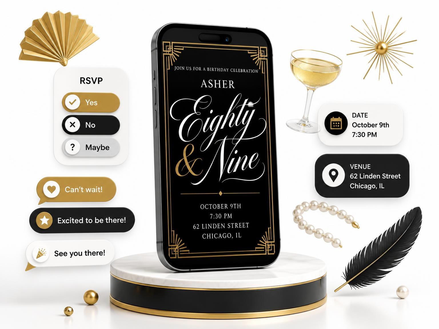 The Art Deco 89th Birthday Invitation invitation on a phone, with guest RSVPs arriving around it