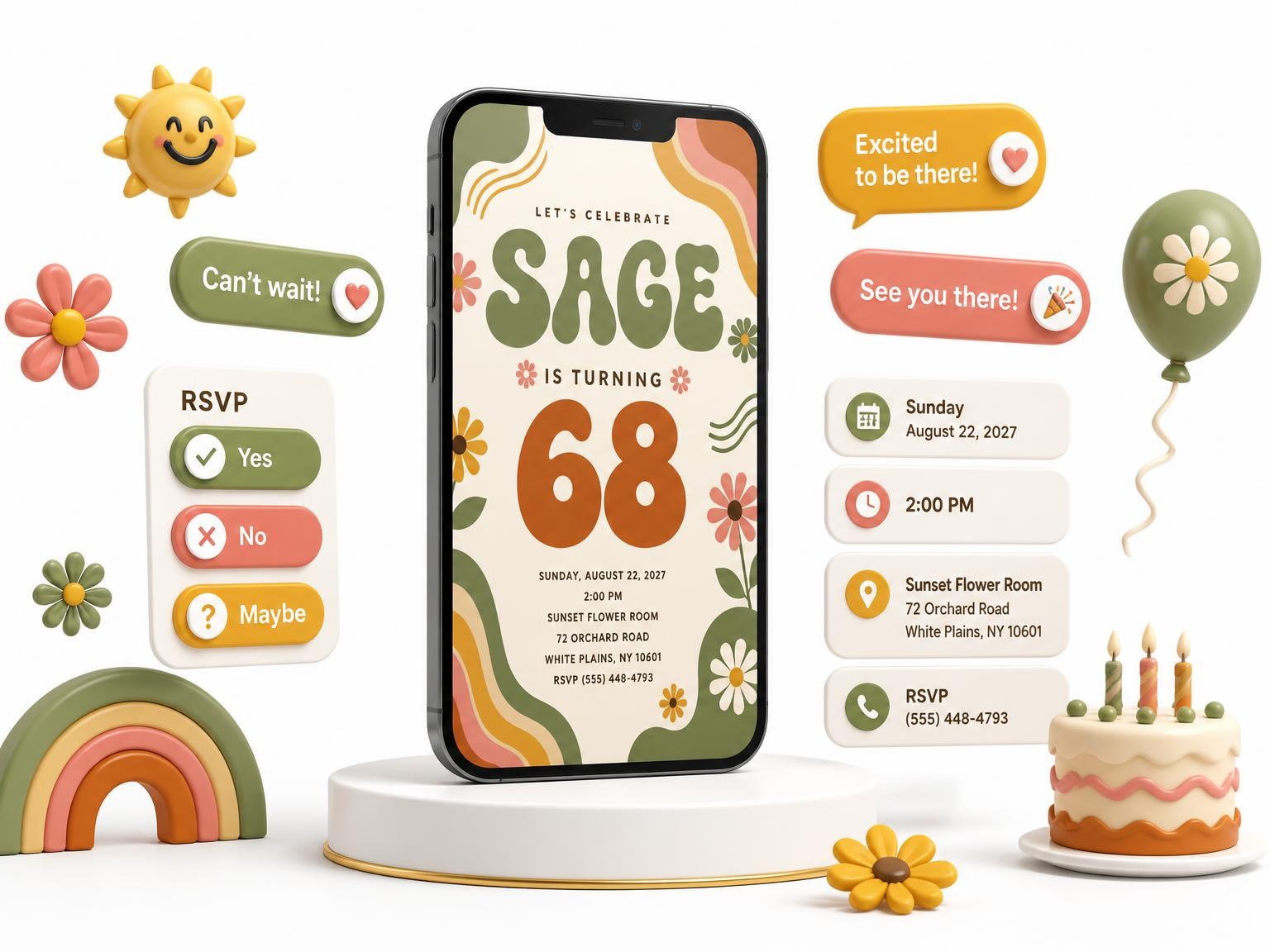 The Groovy Retro 68th Birthday Invitation invitation on a phone, with guest RSVPs arriving around it