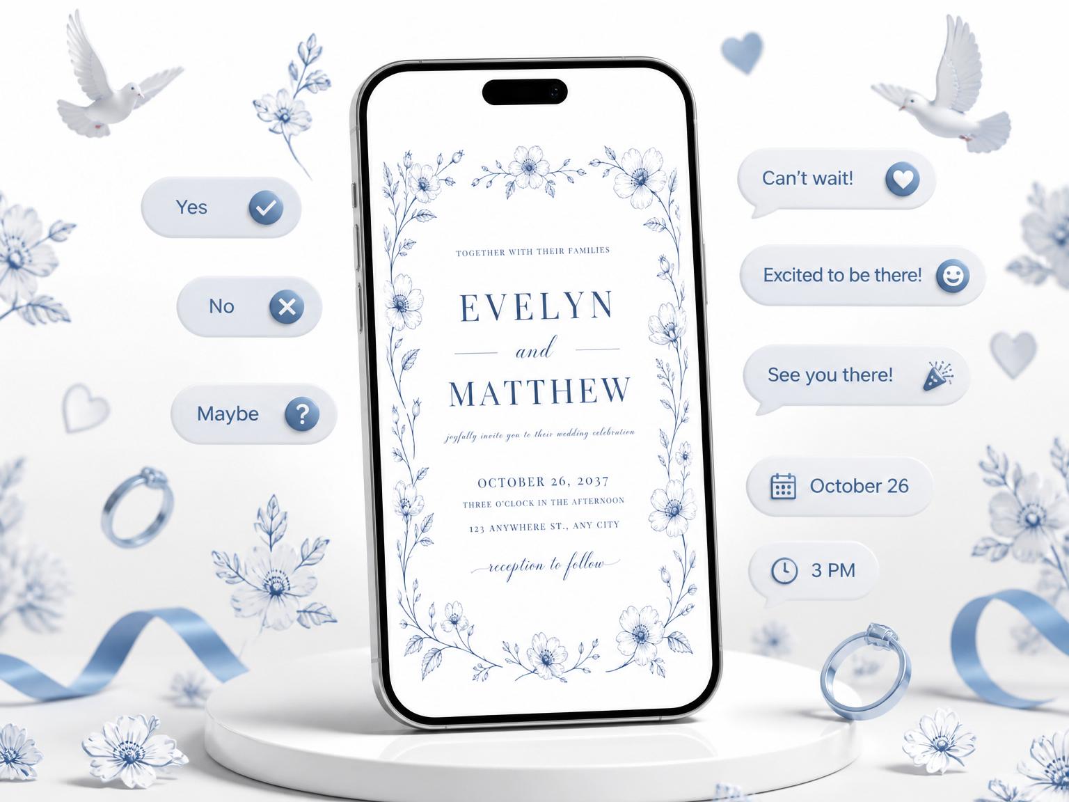 The Ethereal Blue Botanical Wedding Invitation invitation on a phone, with guest RSVPs arriving around it