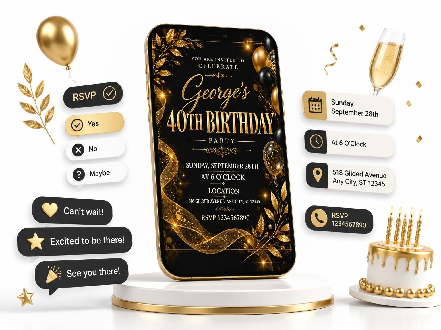 The Black and Gold 40th Birthday Invitation invitation on a phone, with guest RSVPs arriving around it