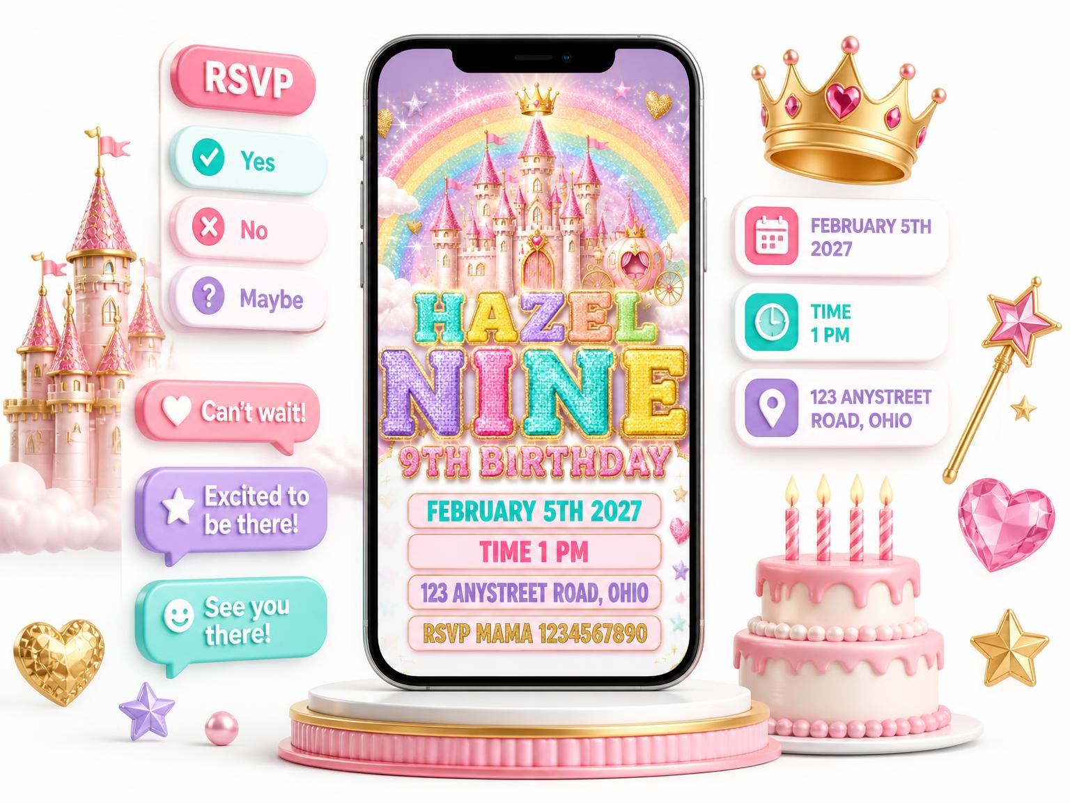 The Glitter Princess Castle 9th Birthday Invitation invitation on a phone, with guest RSVPs arriving around it