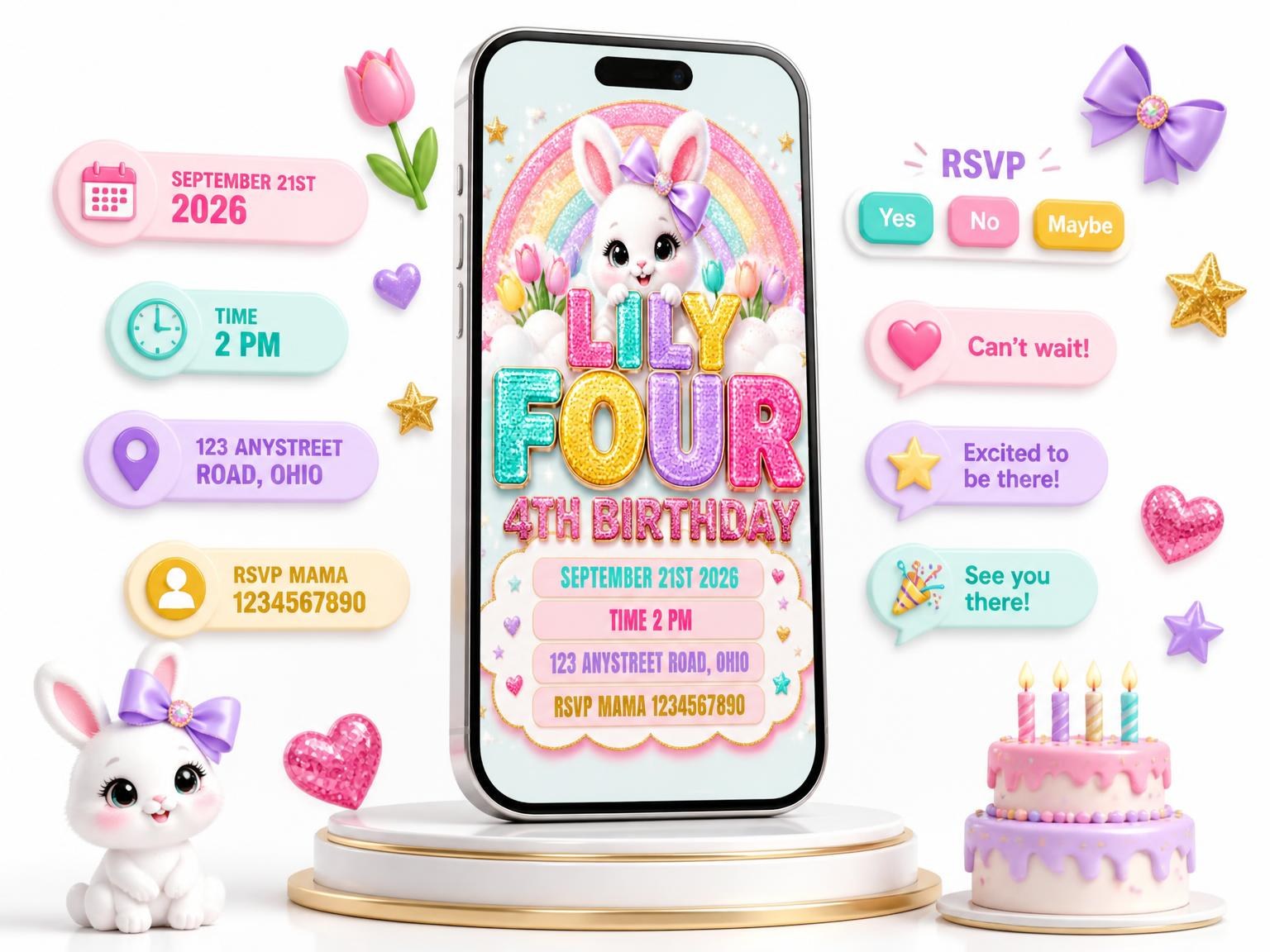 The Glitter Sparkle Bunny 4th Birthday Invitation invitation on a phone, with guest RSVPs arriving around it