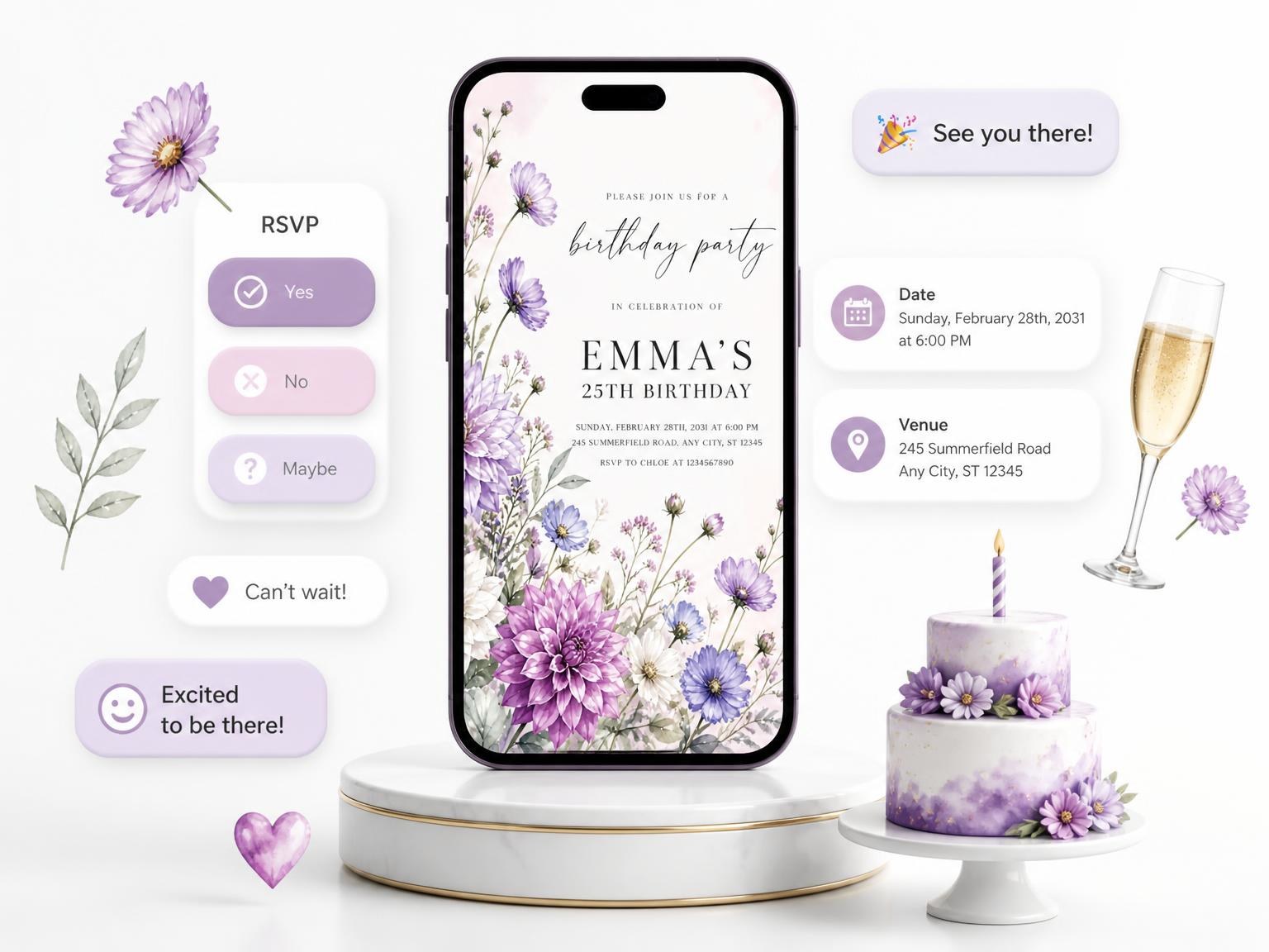 The Lavender Dahlia Bouquet 25th Birthday Invitation invitation on a phone, with guest RSVPs arriving around it