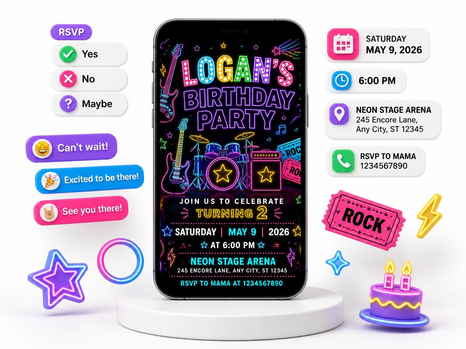 The Neon Rock Star 2nd Birthday Invitation invitation on a phone, with guest RSVPs arriving around it