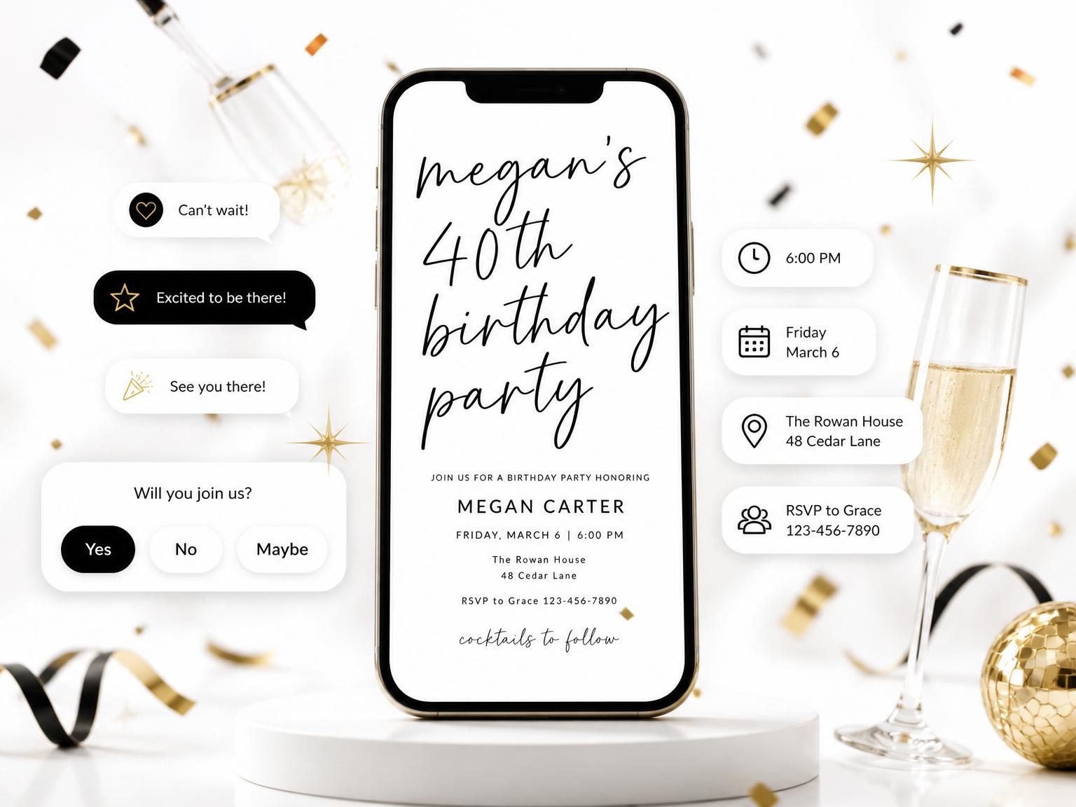 The Minimalist Black and White 40th Birthday Invitation invitation on a phone, with guest RSVPs arriving around it