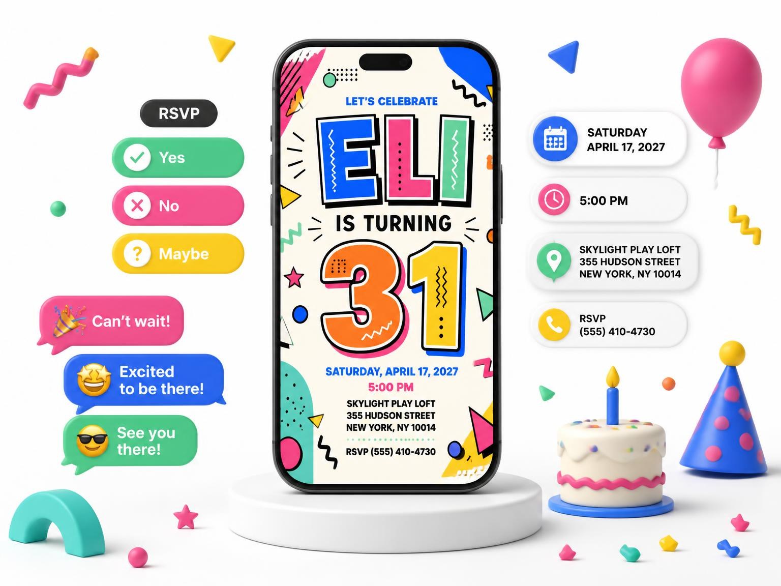 The Memphis Pop 31st Birthday Invitation invitation on a phone, with guest RSVPs arriving around it