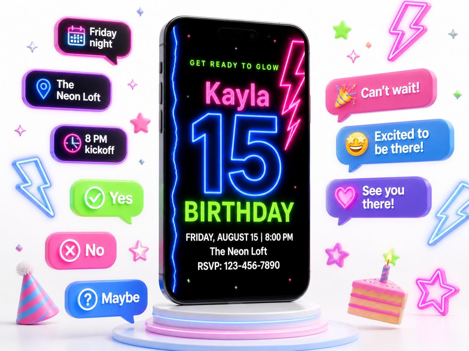 The Electric Neon 15th Birthday Party invitation on a phone, with guest RSVPs arriving around it