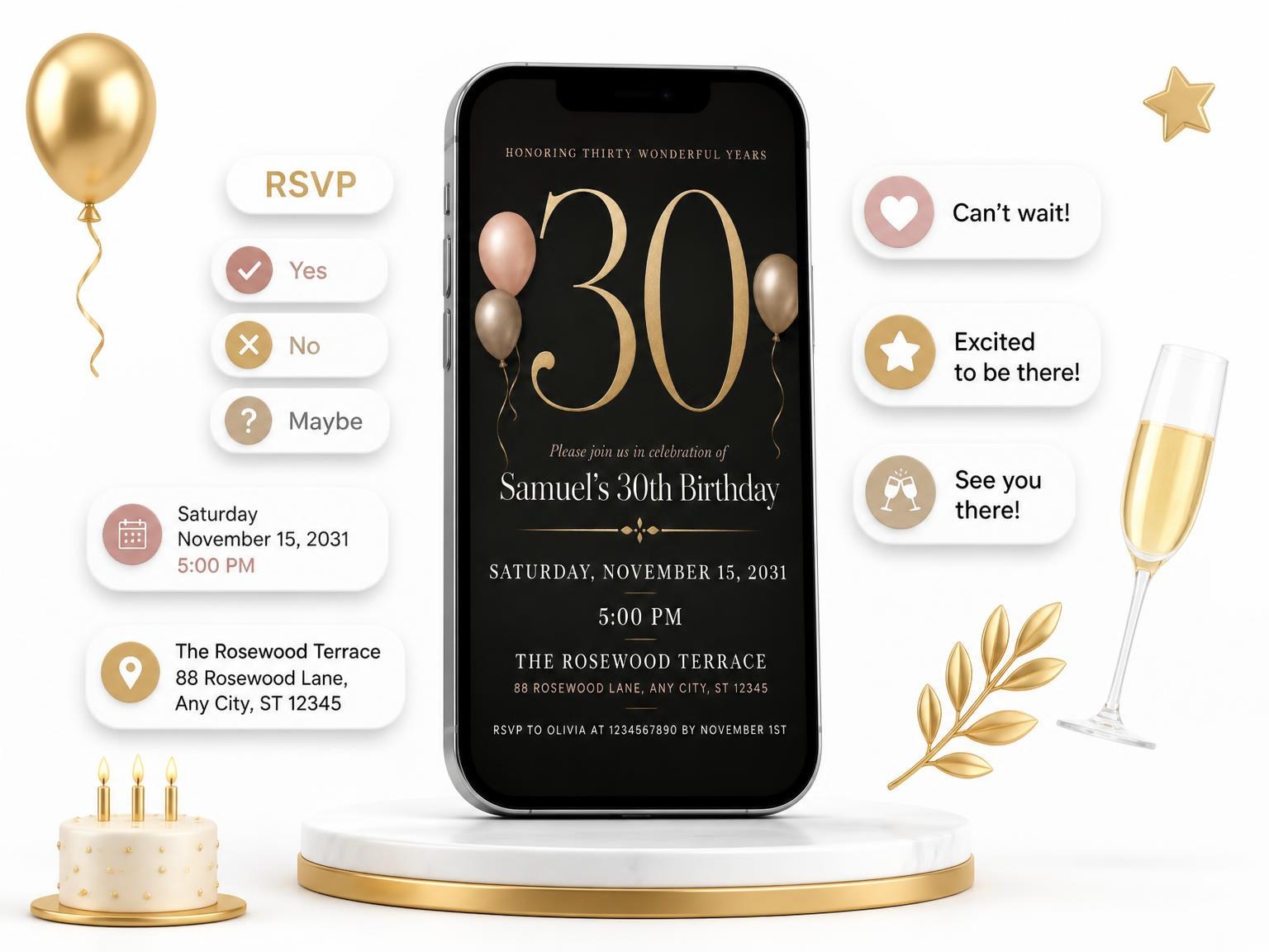The Charcoal and Blush 30th Birthday Invitation invitation on a phone, with guest RSVPs arriving around it