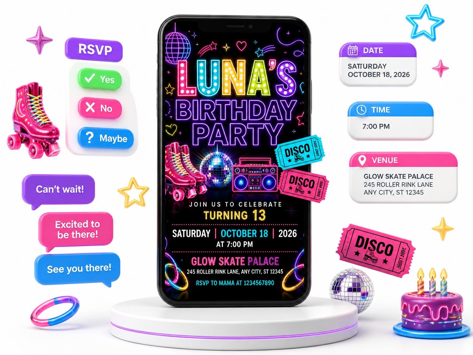The Neon Roller Disco 13th Birthday Invitation invitation on a phone, with guest RSVPs arriving around it