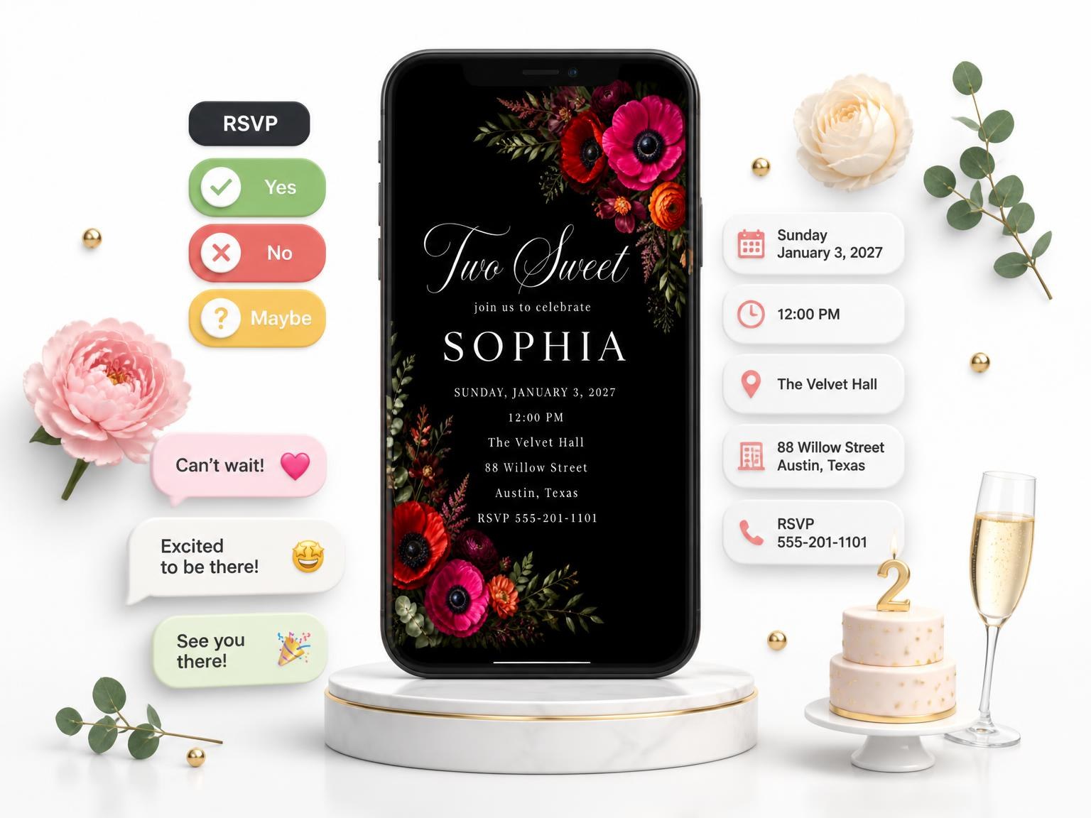 The Black Floral 2nd Birthday Invitation invitation on a phone, with guest RSVPs arriving around it