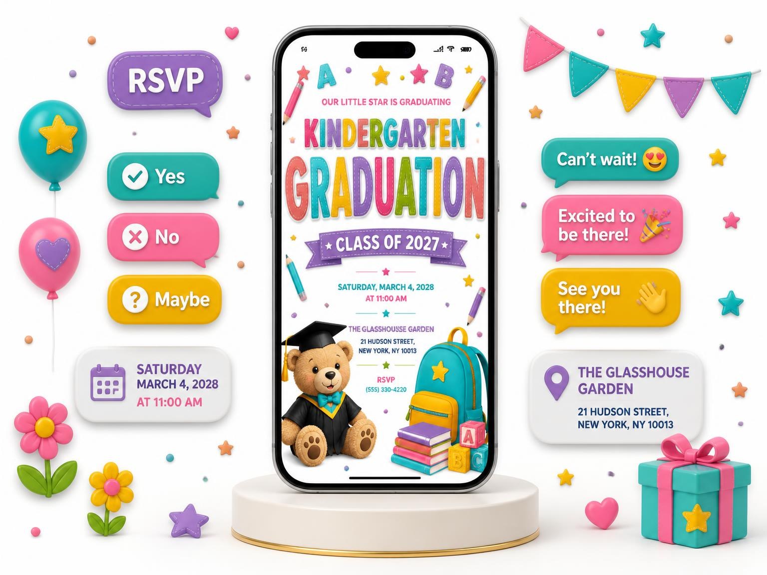 The Teddy Bear Kindergarten Graduation Invitation invitation on a phone, with guest RSVPs arriving around it