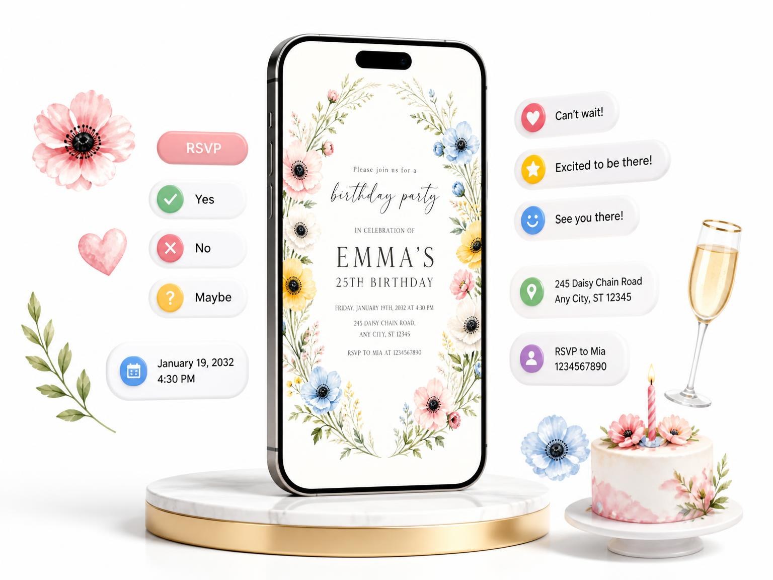 The Spring Arch Wreath 25th Birthday Invitation invitation on a phone, with guest RSVPs arriving around it