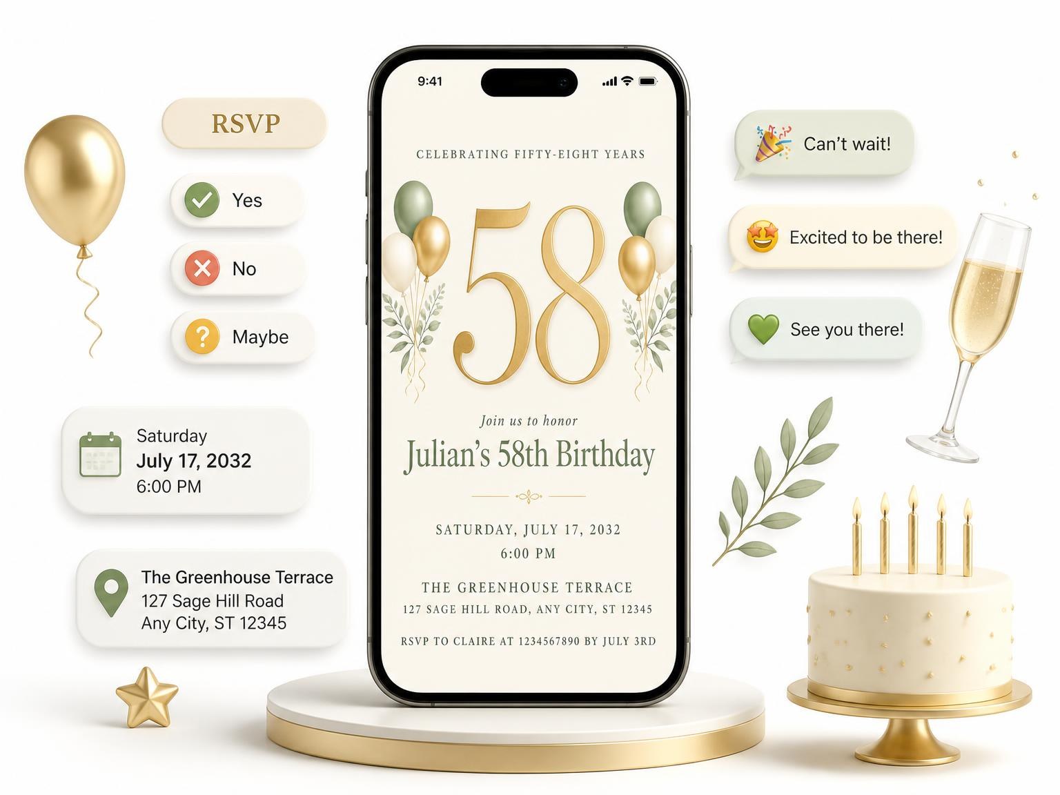 The Sage and Ivory 58th Birthday Invitation invitation on a phone, with guest RSVPs arriving around it