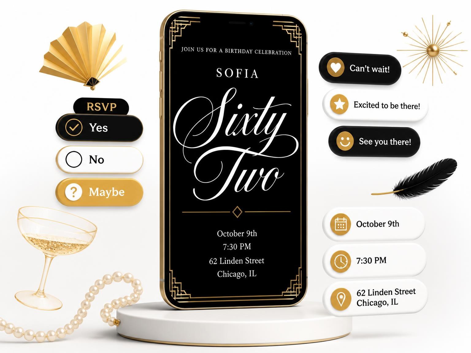 The Art Deco 62nd Birthday Invitation invitation on a phone, with guest RSVPs arriving around it