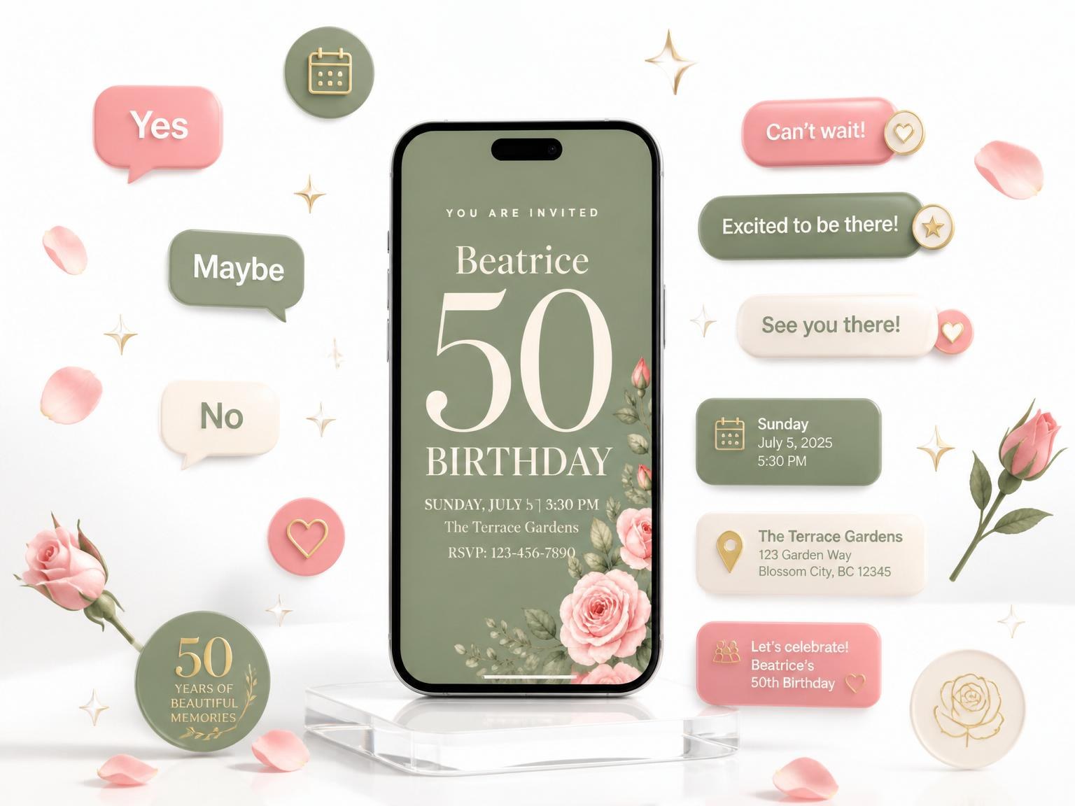 The Sage Green Rose 50th Birthday invitation on a phone, with guest RSVPs arriving around it