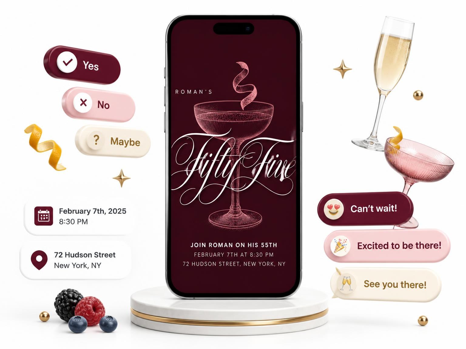 The Burgundy Cocktail 55th Birthday Invitation invitation on a phone, with guest RSVPs arriving around it