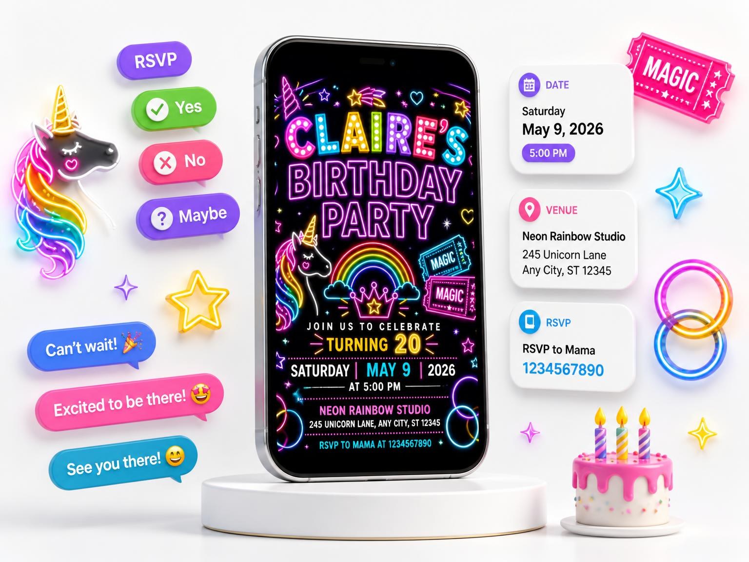 The Neon Unicorn 20th Birthday Invitation invitation on a phone, with guest RSVPs arriving around it