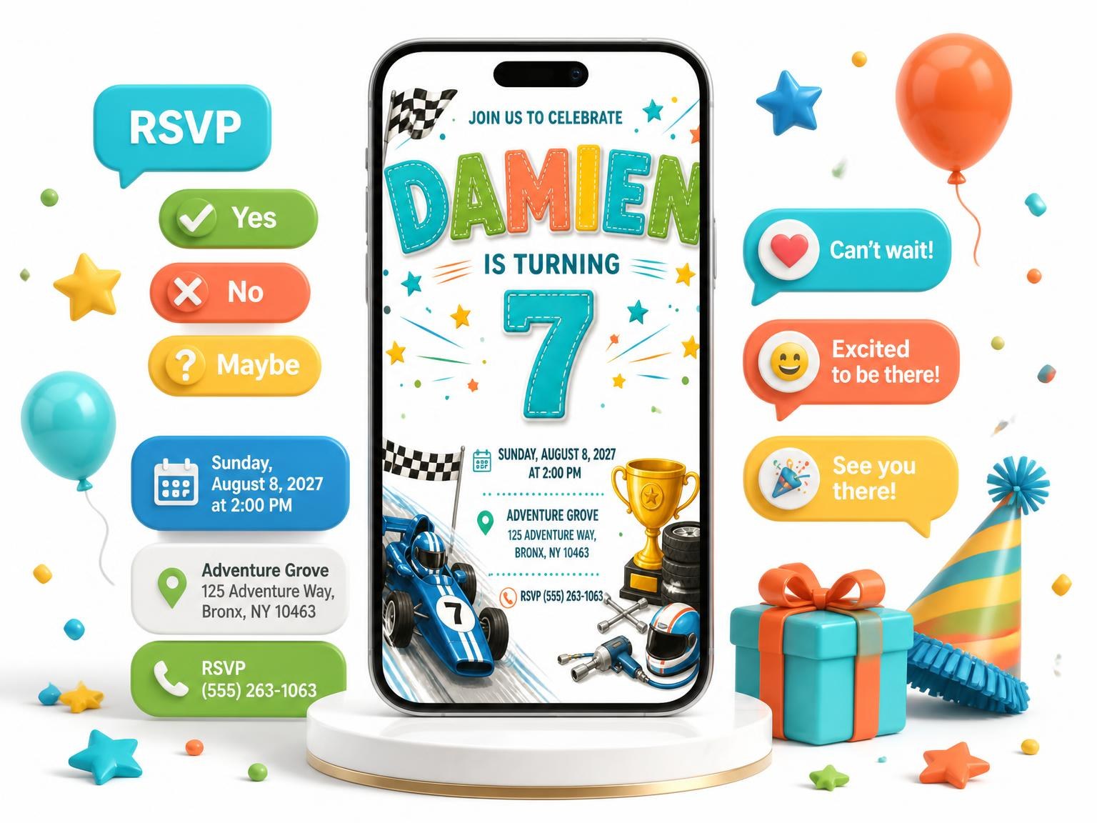The Checkered Flags 7th Birthday Invitation invitation on a phone, with guest RSVPs arriving around it