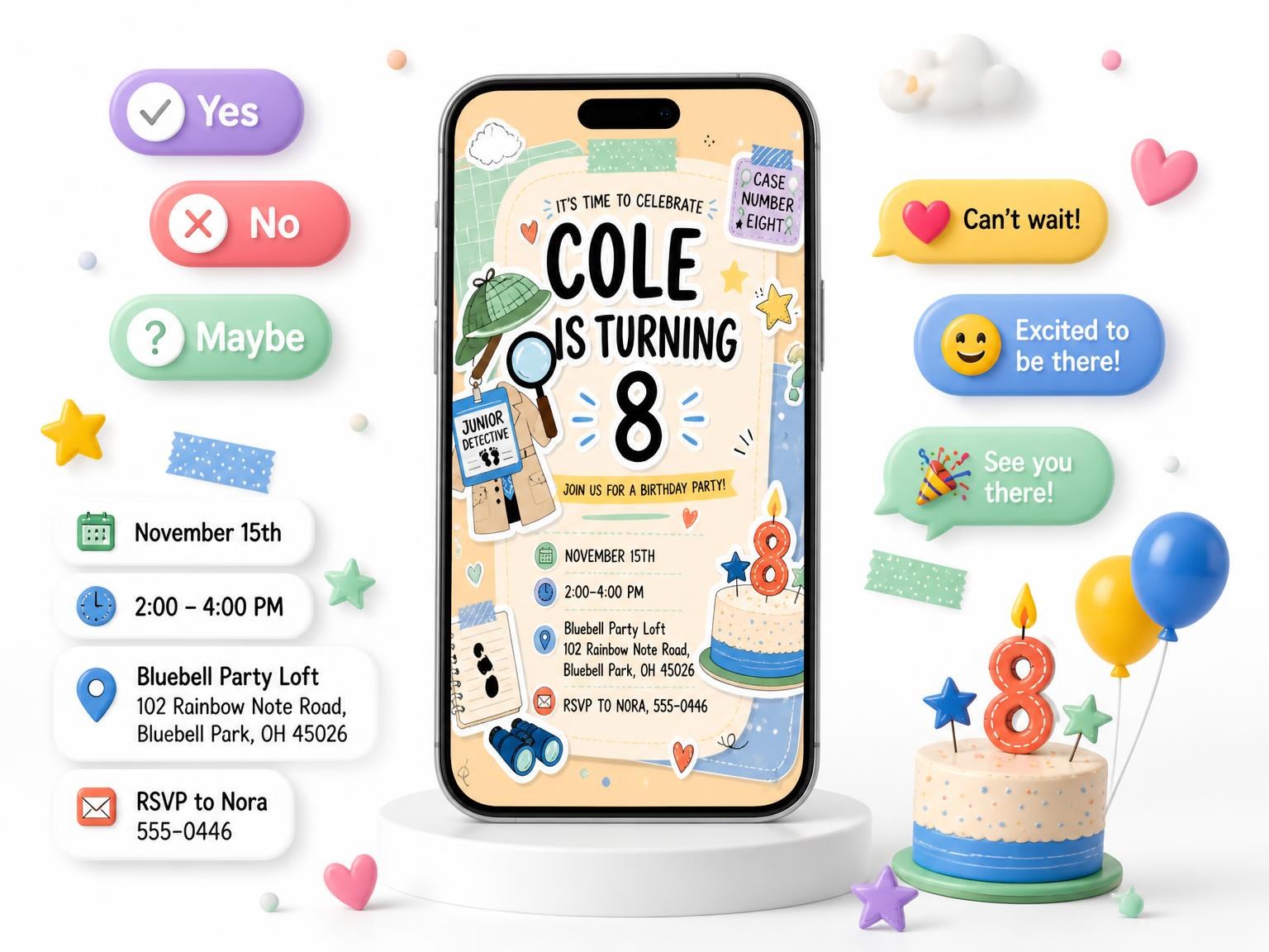 The Detective Outfit Pastel 8th Birthday Invitation invitation on a phone, with guest RSVPs arriving around it