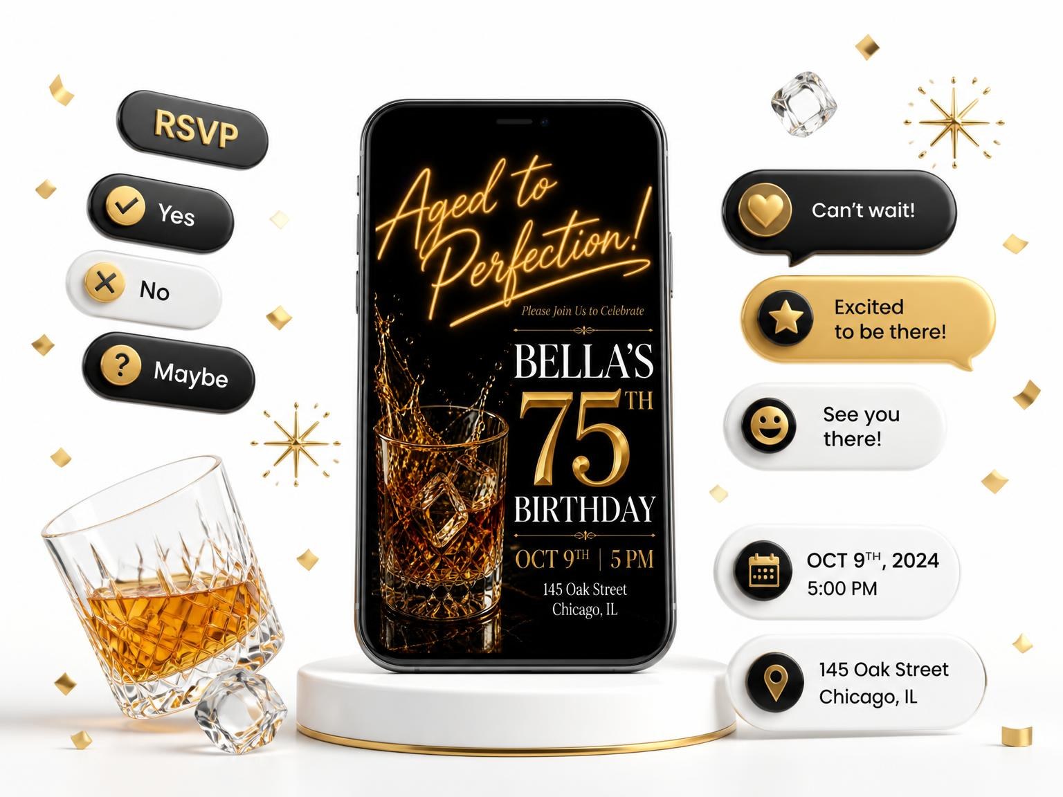 The Whiskey Rocks 75th Birthday Invitation invitation on a phone, with guest RSVPs arriving around it